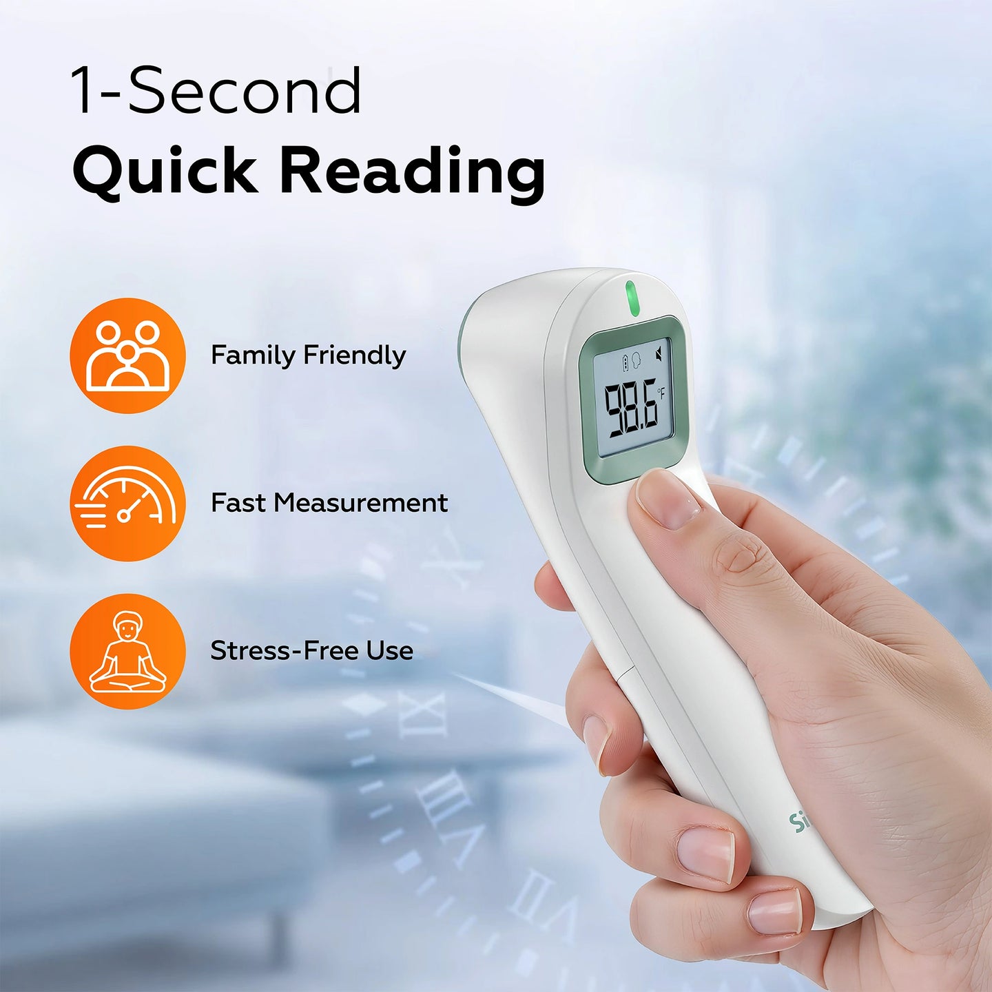 Infrared thermometer held by a hand with features highlighted on a blurred background