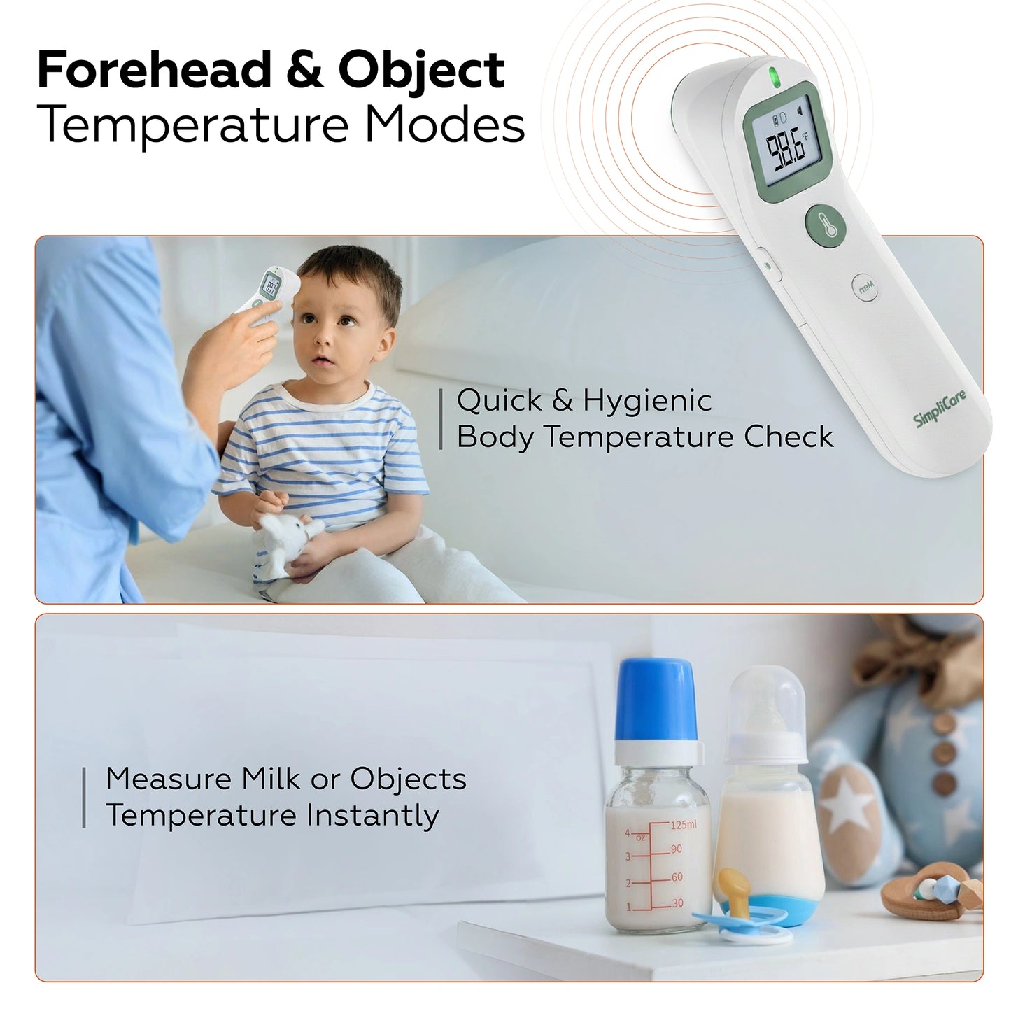 Infrared thermometer being used on a child's forehead with text about temperature modes and uses.