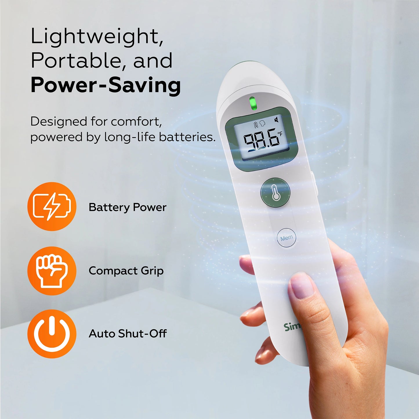 Hand holding a digital thermometer with product features highlighted on a light background