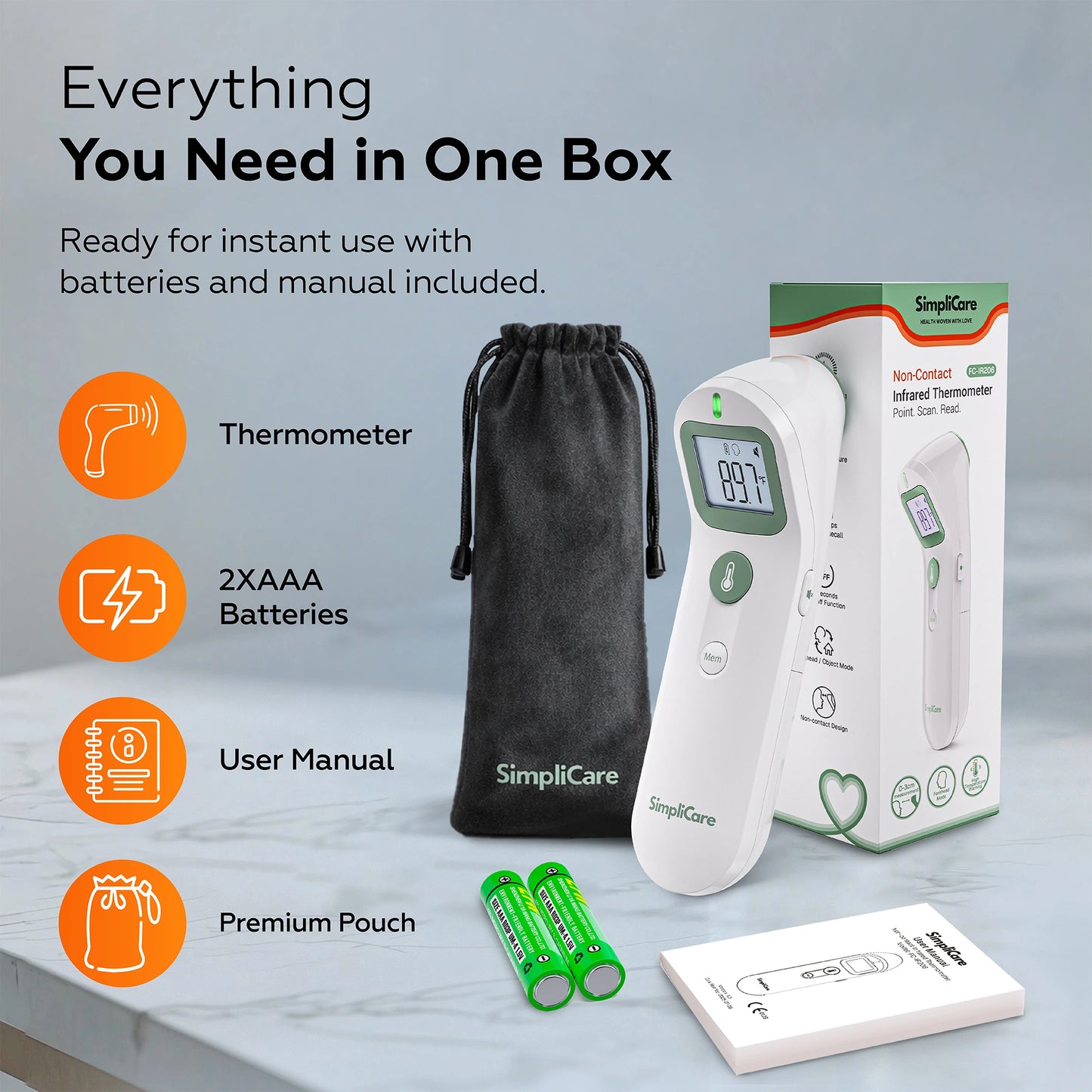 SimpliCare thermometer set with packaging, thermometer, batteries, and manual on a gray background.