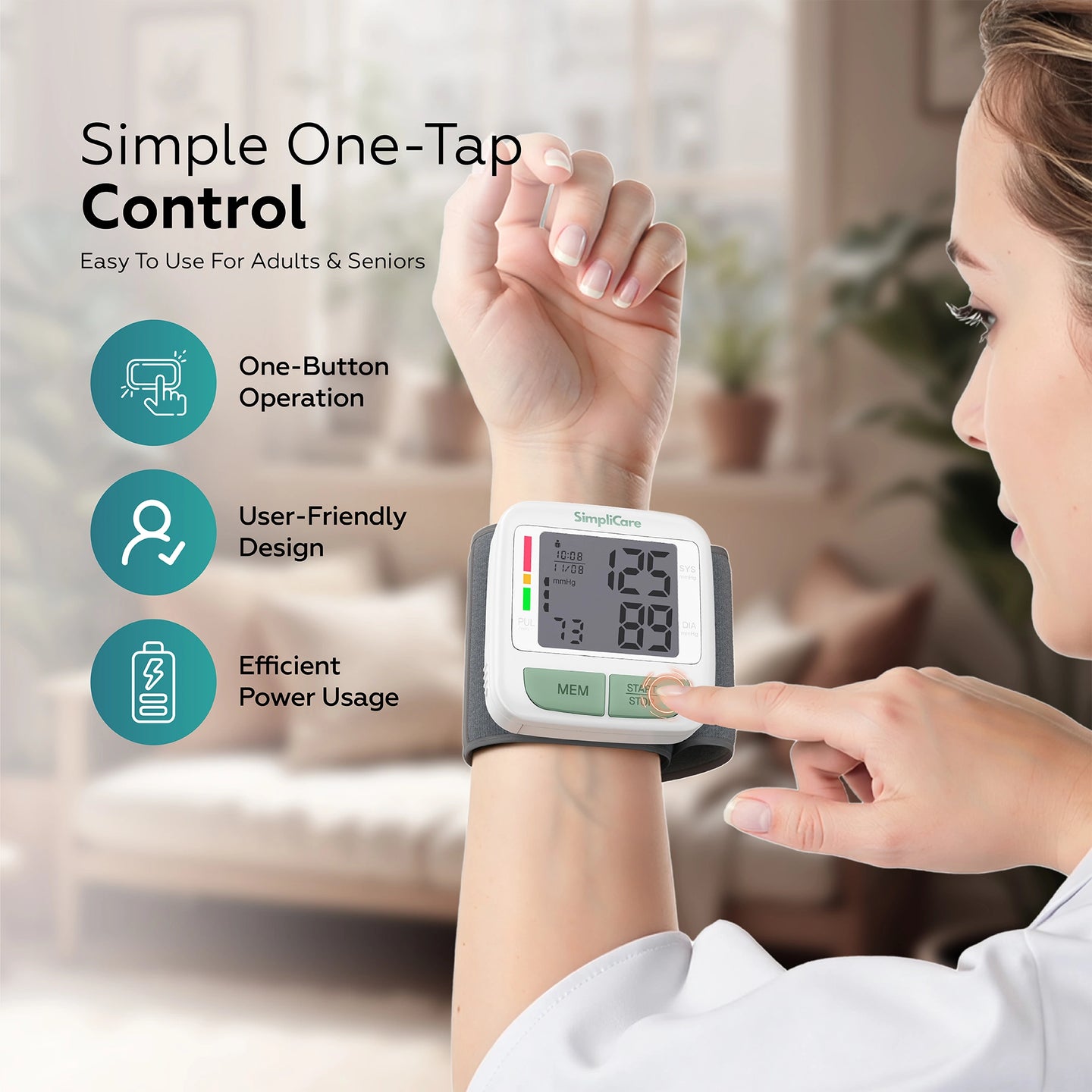 Woman using a digital blood pressure monitor with product features highlighted.