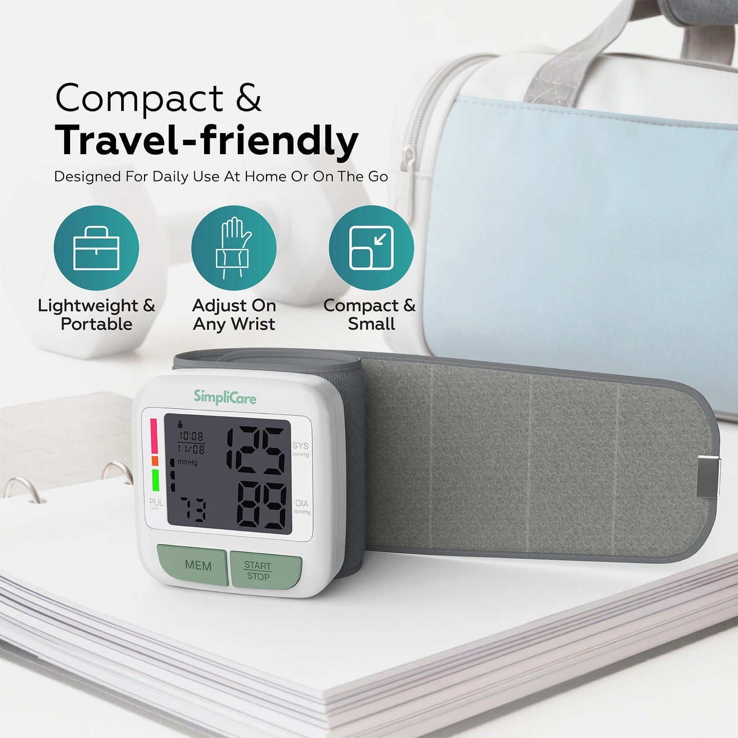 Blood pressure monitor with carrying case on a white background, featuring text about compactness and travel-friendliness.