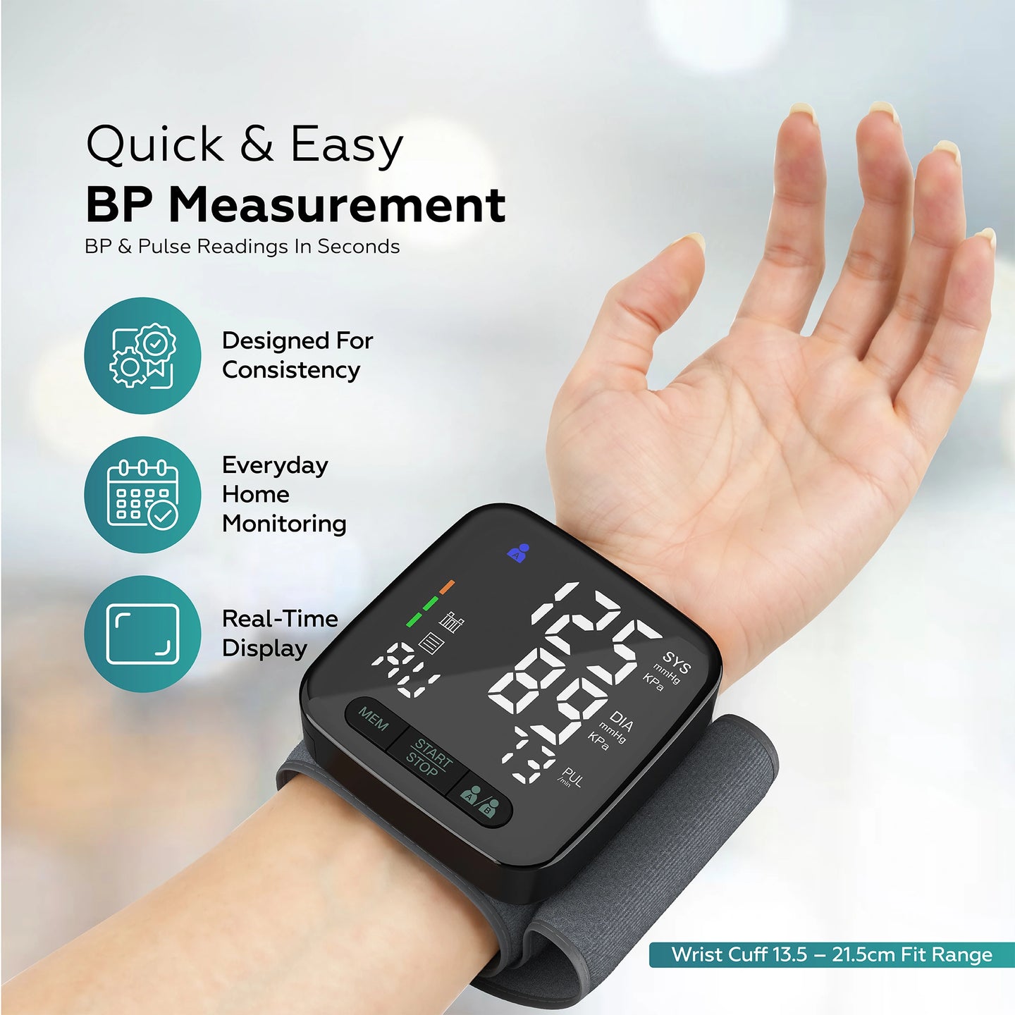 Simplicare Wrist-mounted blood pressure monitor on a wrist with digital display, shown on a blurred background.