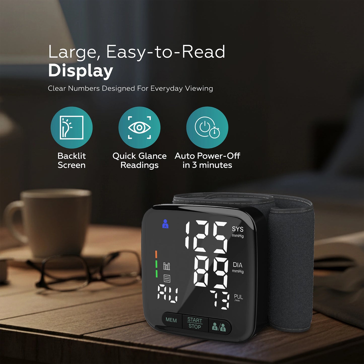 Monitor your blood pressure easily with this automatic wrist blood pressure monitor featuring LED display, pulse detection, dual-user memory, and accurate oscillometric measurement. 