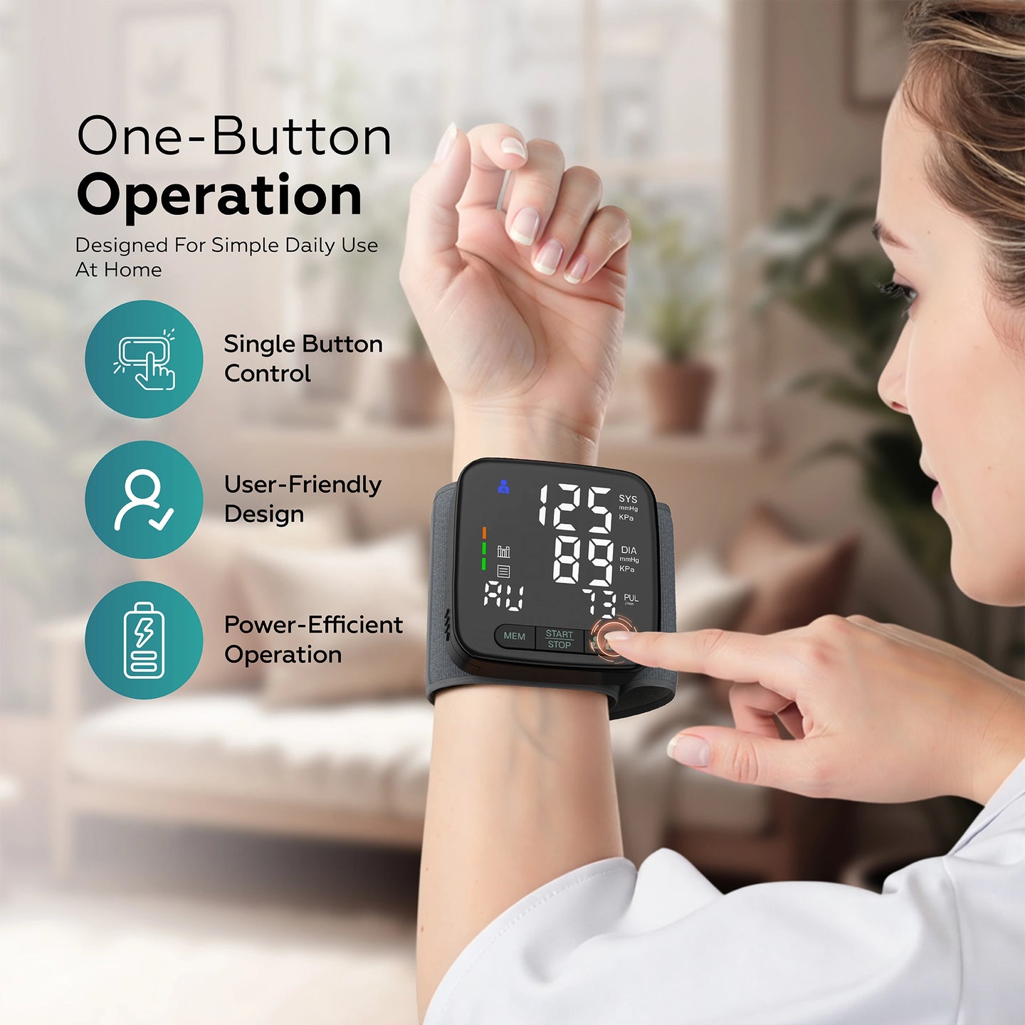 Monitor your blood pressure easily with this automatic wrist blood pressure monitor featuring LED display, pulse detection, dual-user memory, and accurate oscillometric measurement. 