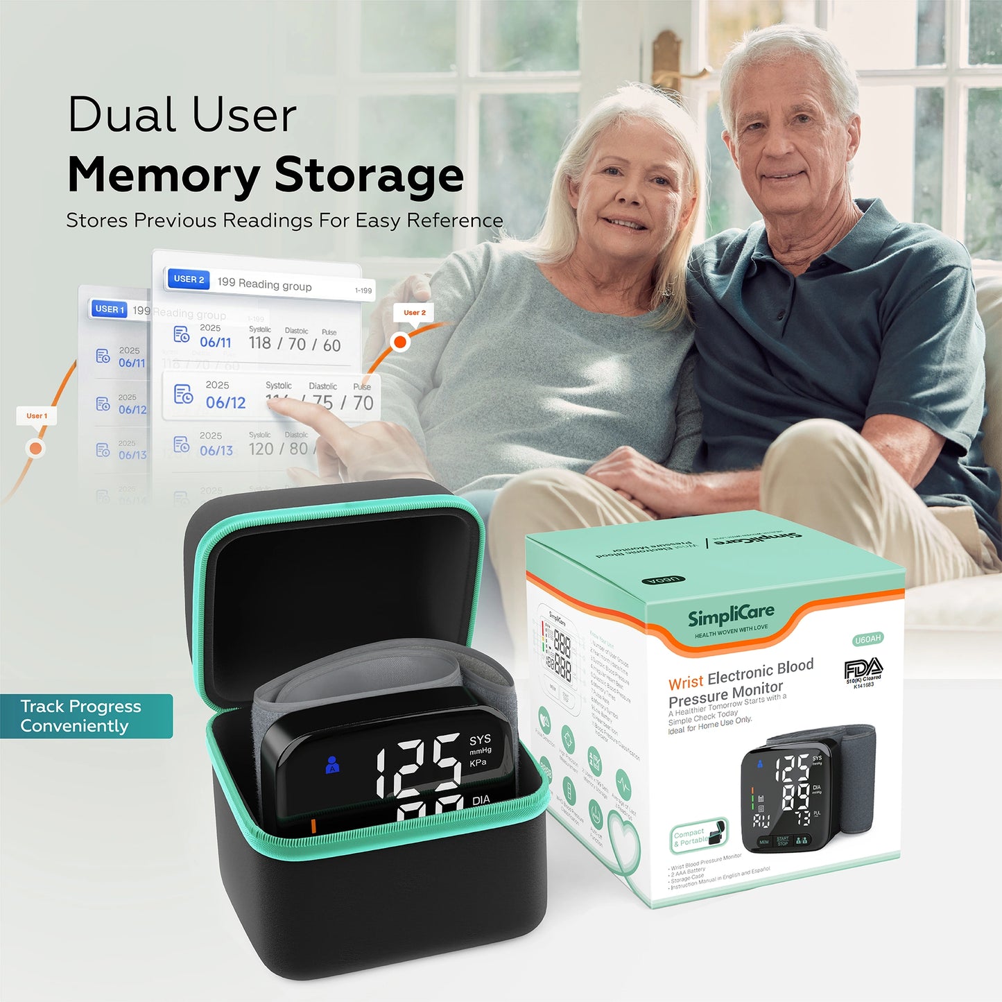 Monitor your blood pressure easily with this automatic wrist blood pressure monitor featuring LED display, pulse detection, dual-user memory, and accurate oscillometric measurement. 