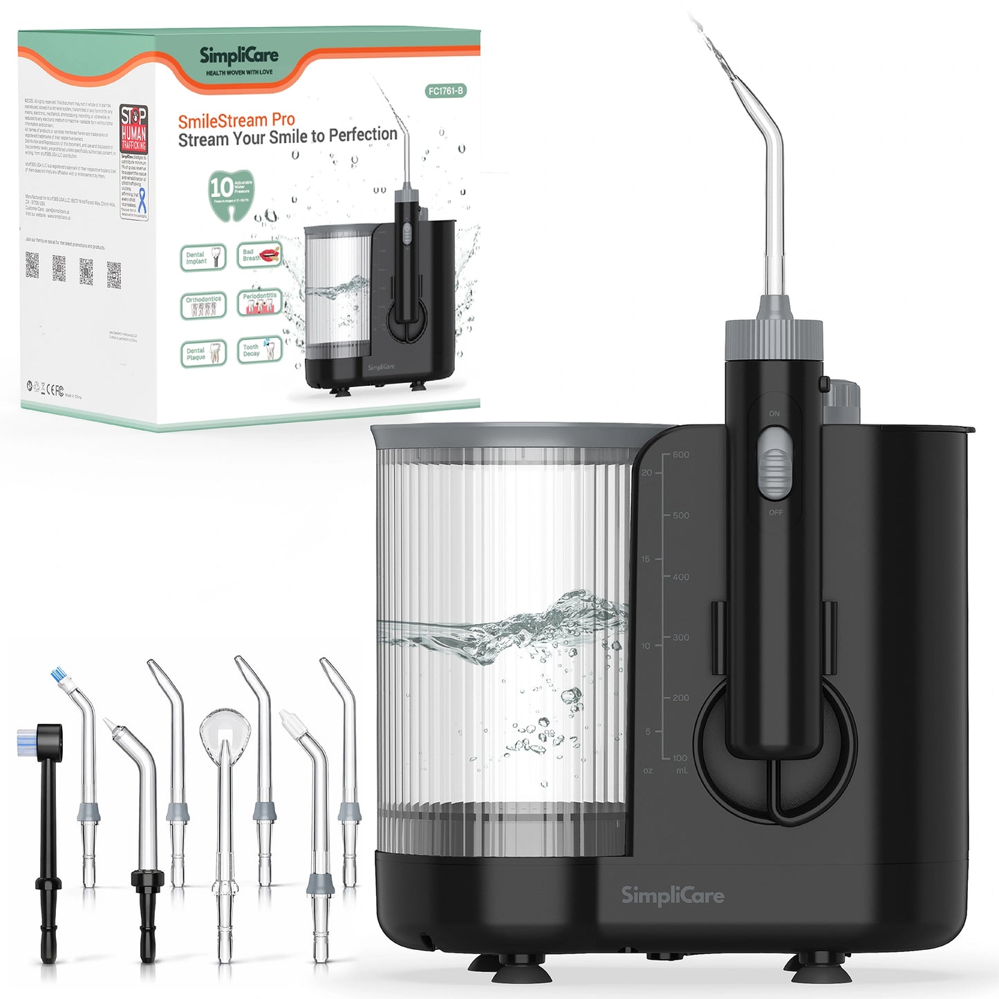 Black dental water flosser with packaging and additional nozzles on a white background