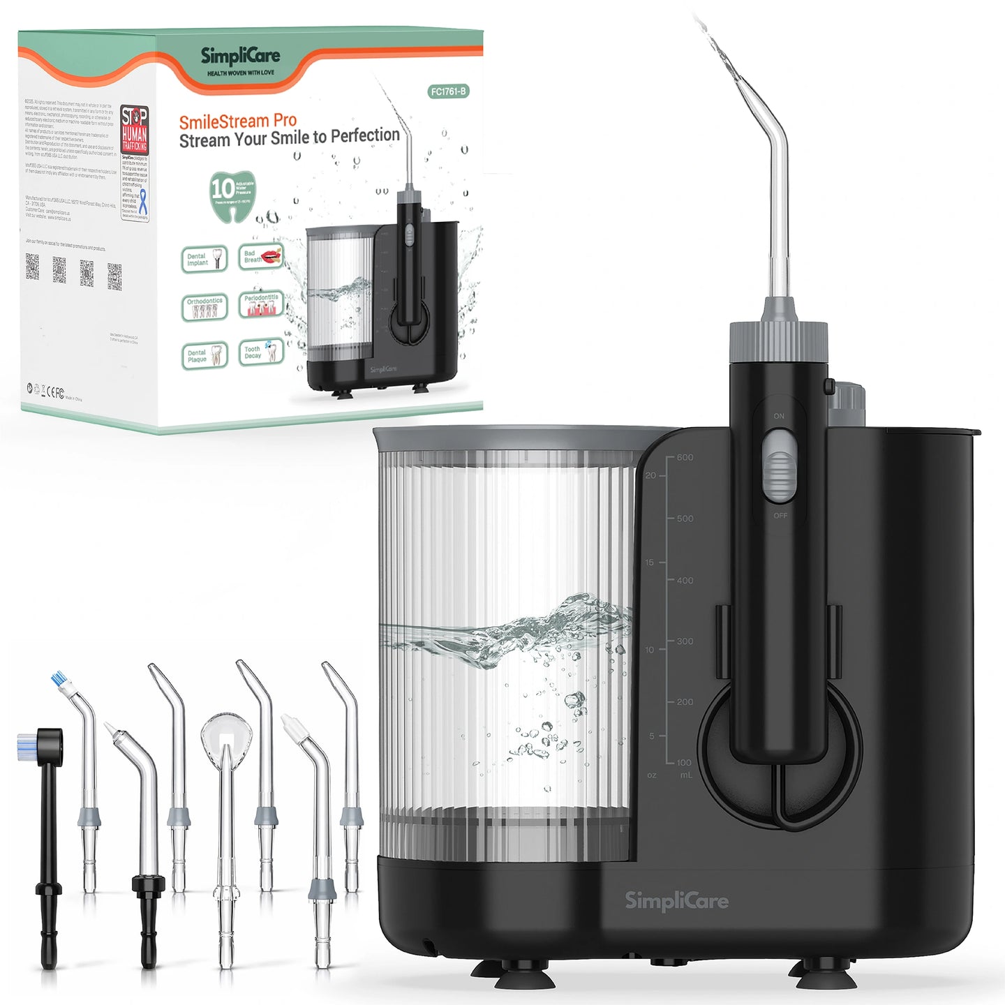 Black dental water flosser with packaging and additional nozzles on a white background