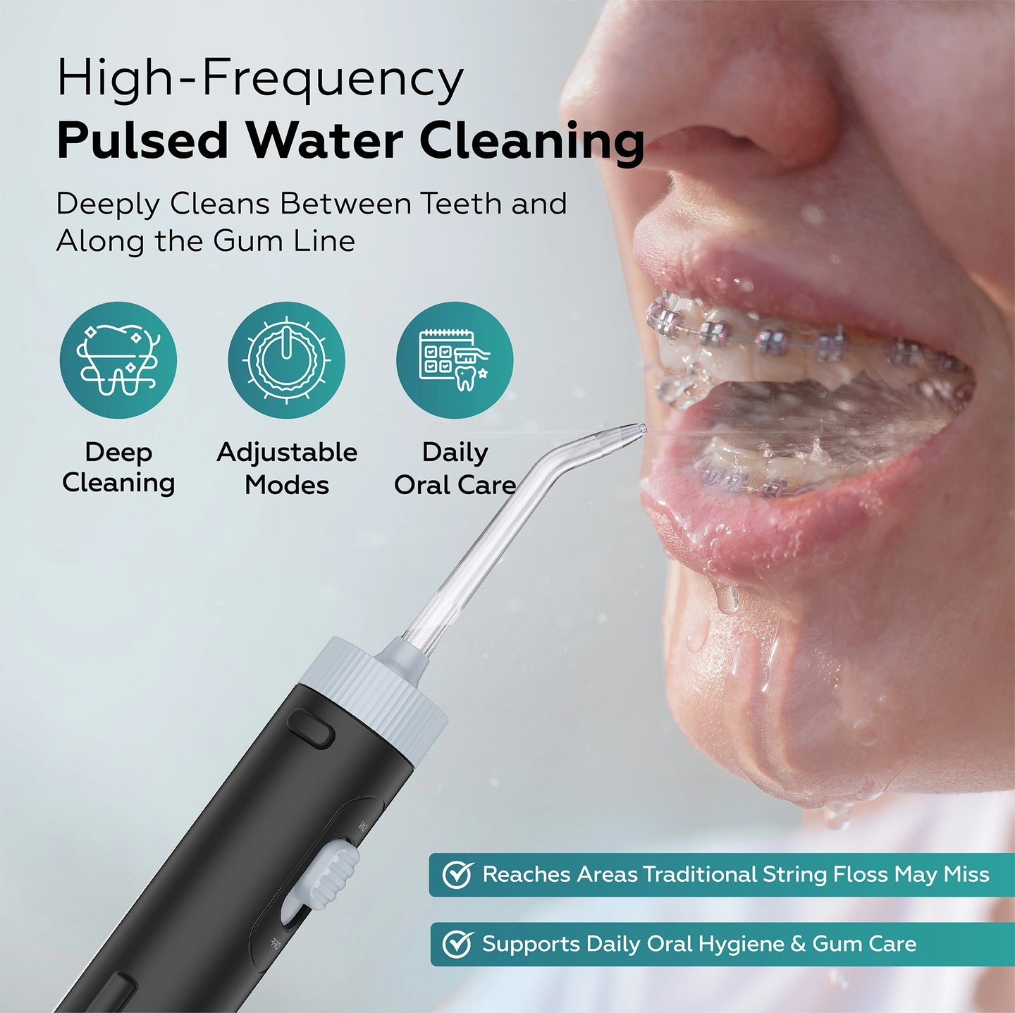 Oral care product with text highlighting features like deep cleaning, adjustable modes, and daily oral care.