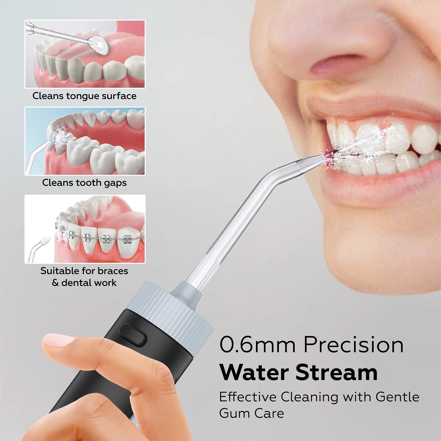 Person using a water flosser with close-up insets showing its effectiveness on tongue, tooth gaps, and braces.