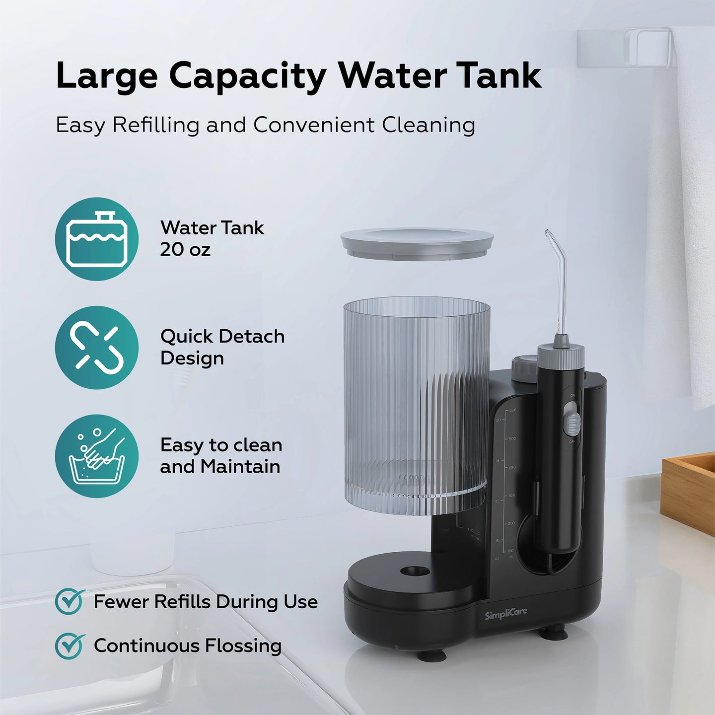 Black dental water flosser with large capacity water tank on a white background