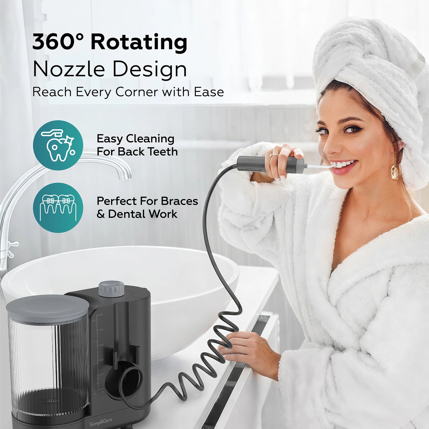 Woman using a dental water flosser with text highlighting features on a white background