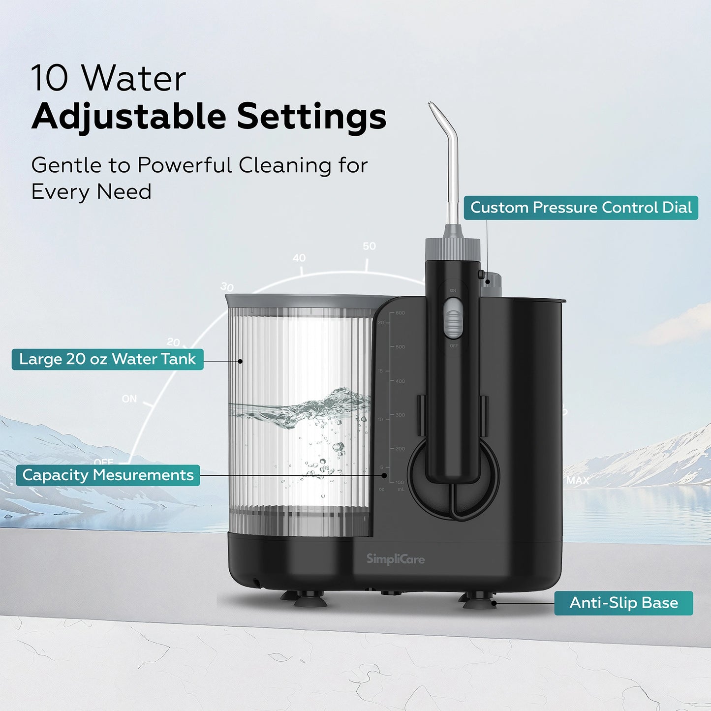 Black water flosser with adjustable settings on a light gray background