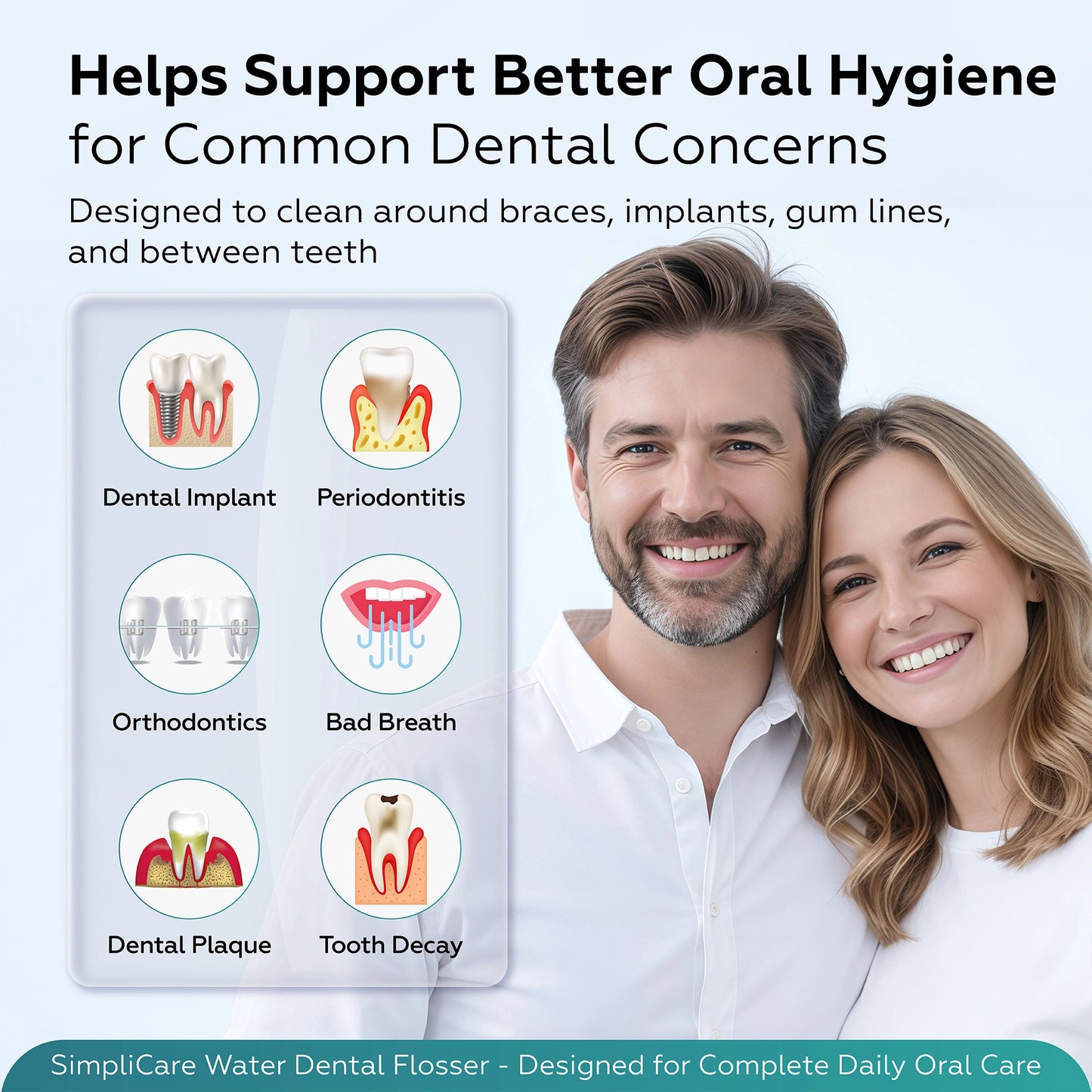 Advertisement for SimpliCare Water Dental Flosser with a couple smiling and icons indicating dental care needs.