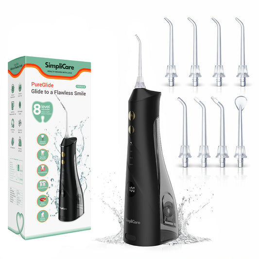 Black dental water flosser with packaging and additional nozzles on a white background