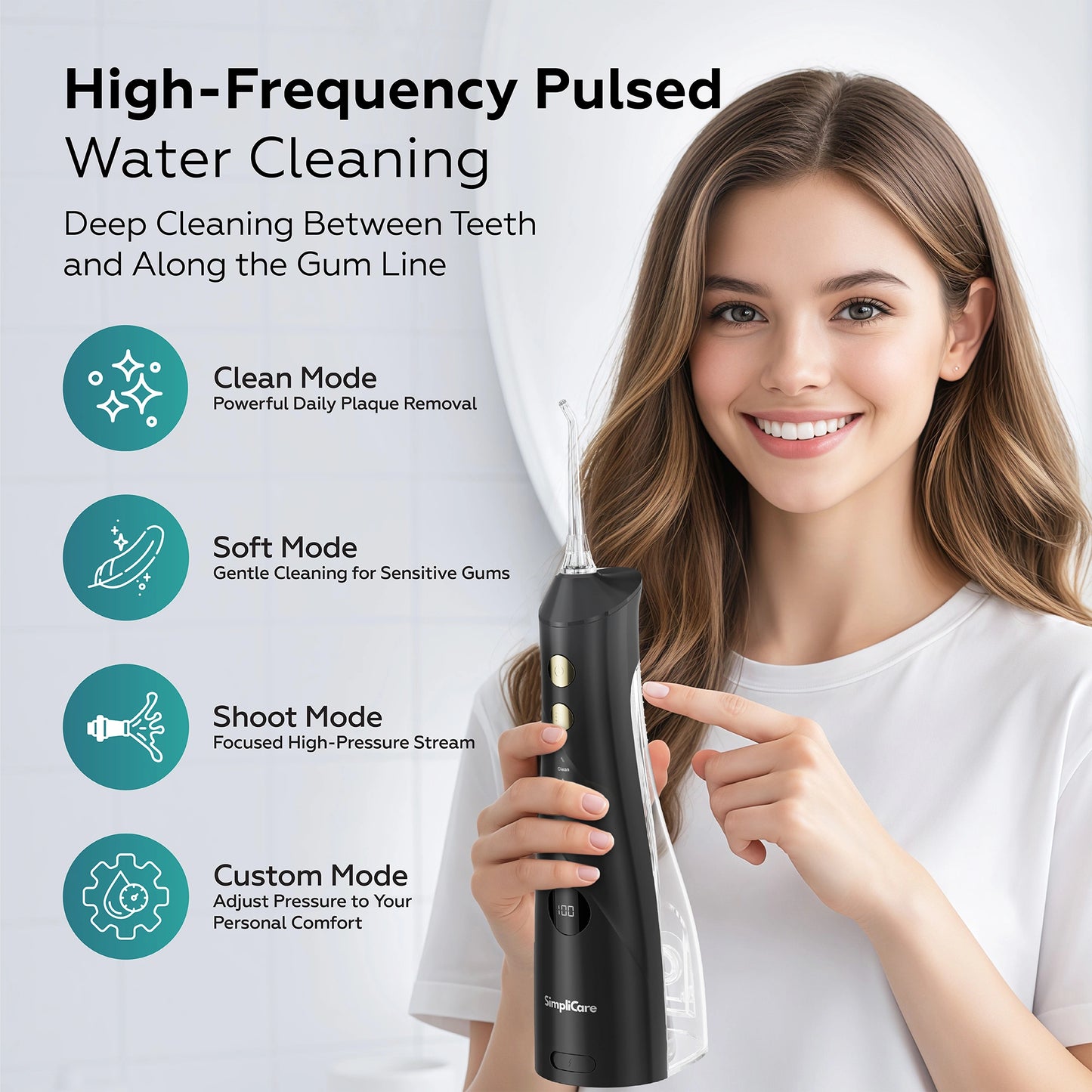 Woman holding a dental water flosser with cleaning modes displayed on a white background