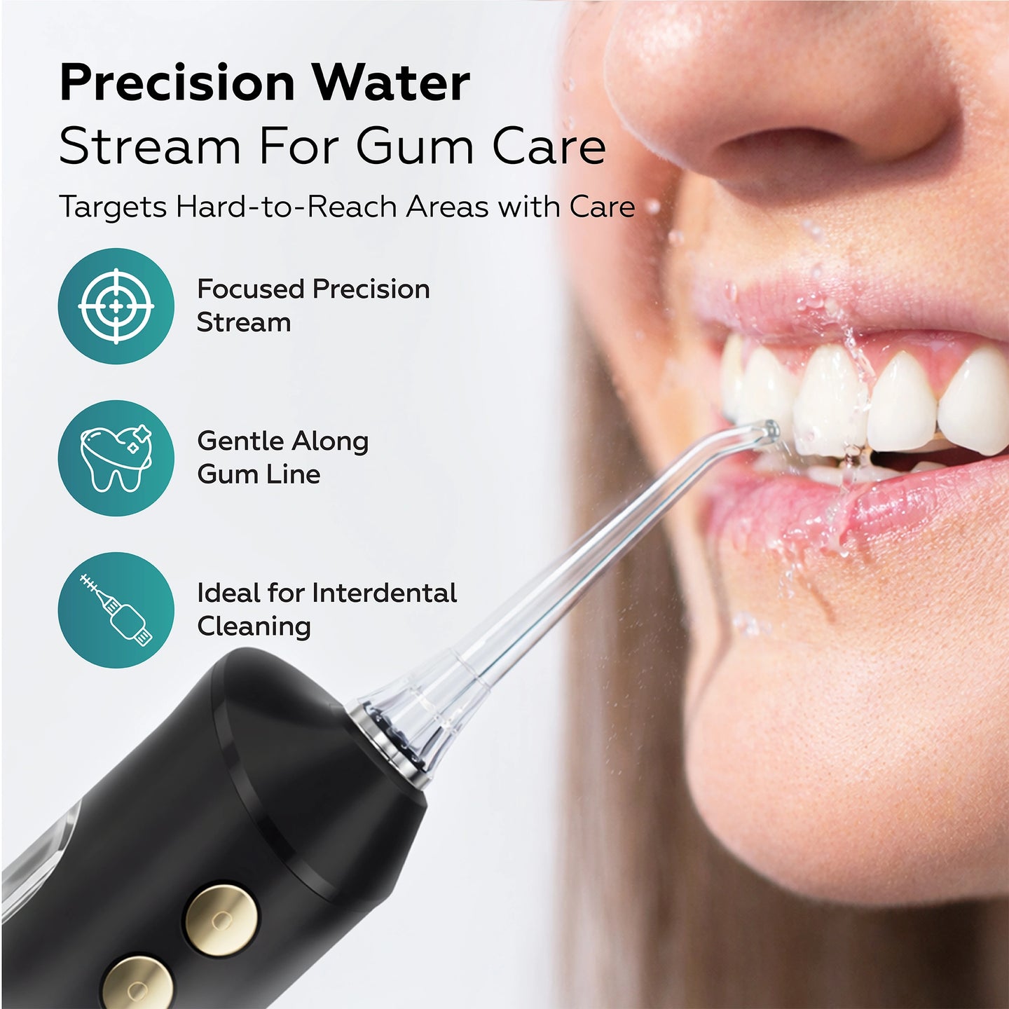 Gum care device with text highlighting features and a close-up of a person using it.