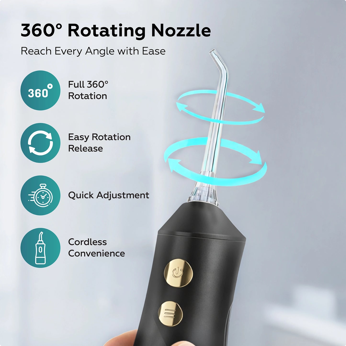 Black cordless water flosser with 360-degree rotating nozzle on a gray background