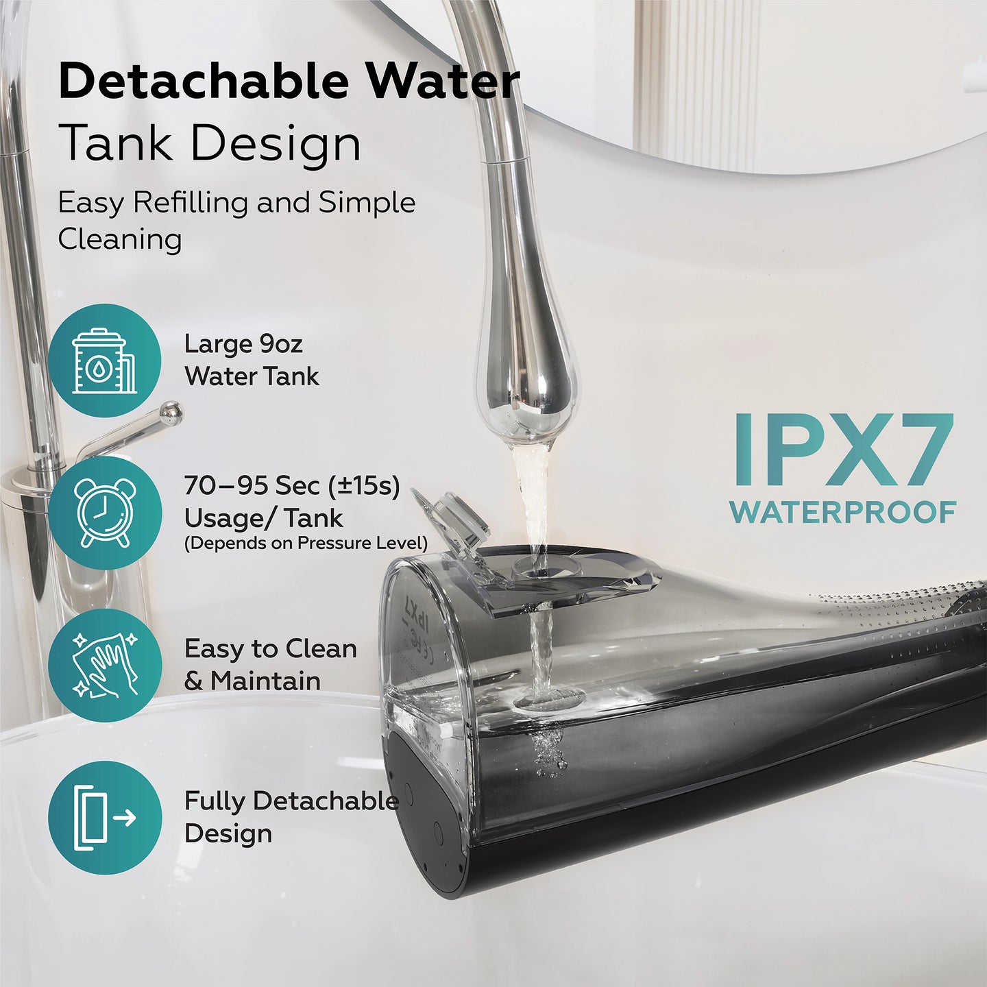 Detachable water tank design with features highlighted on a white background