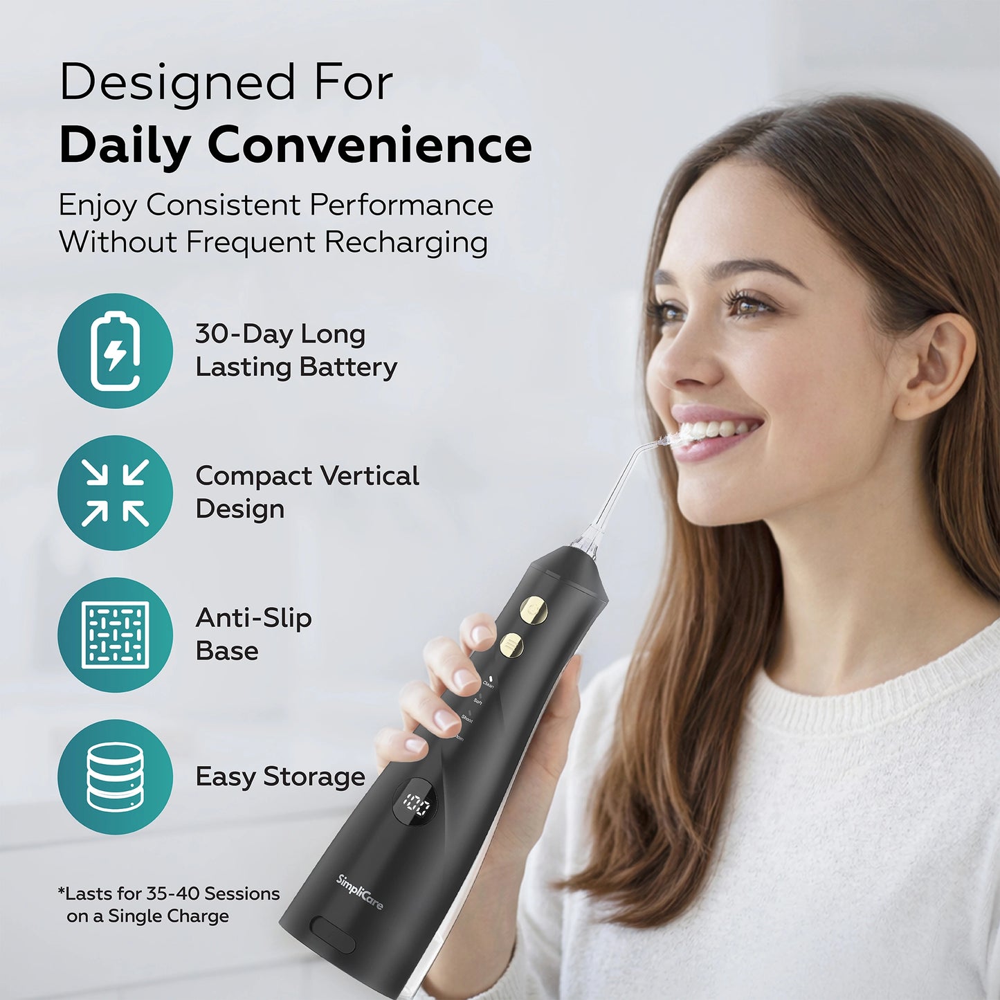 Woman holding a black dental device with features listed on a light gray background