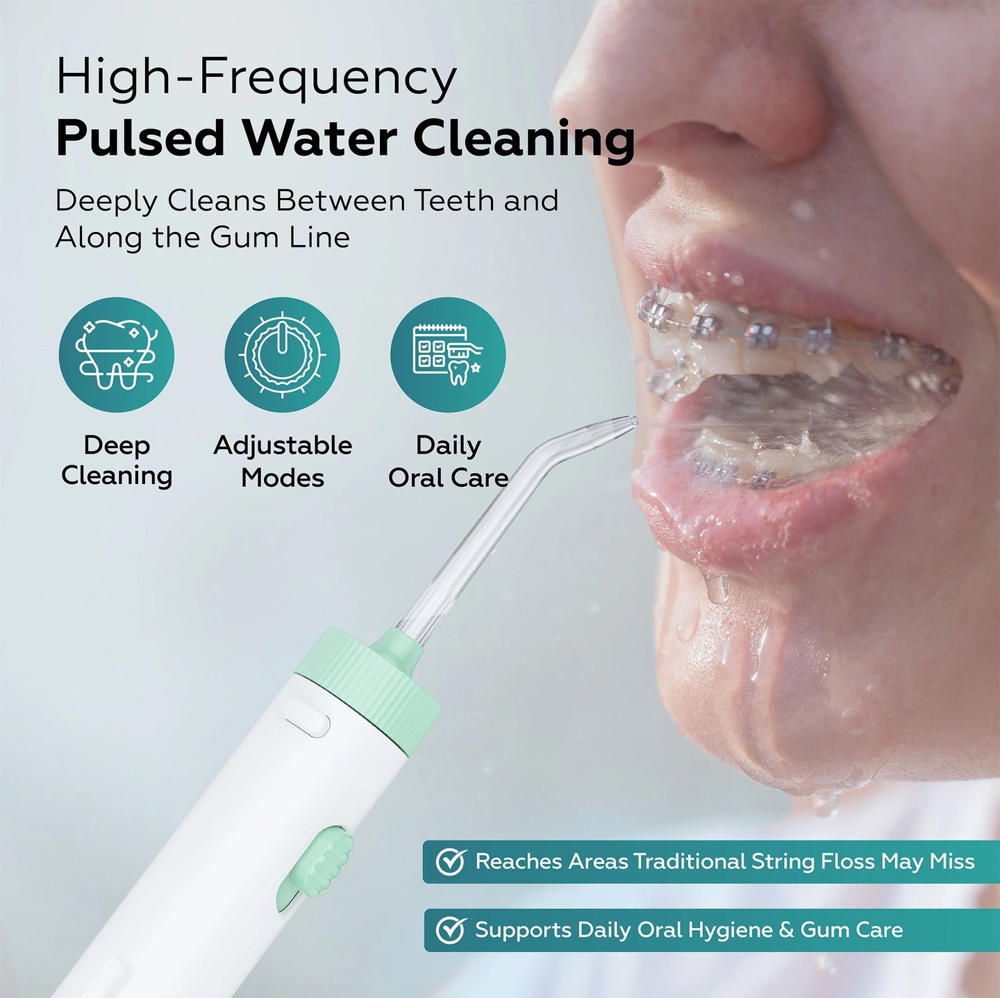 Erbacce water flosser being used on teeth with braces, highlighting features like deep cleaning and adjustable modes.