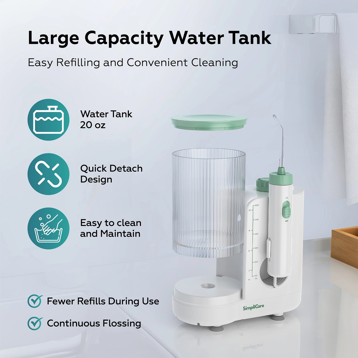White dental water flosser with green accents on a light gray background, featuring text about its features.