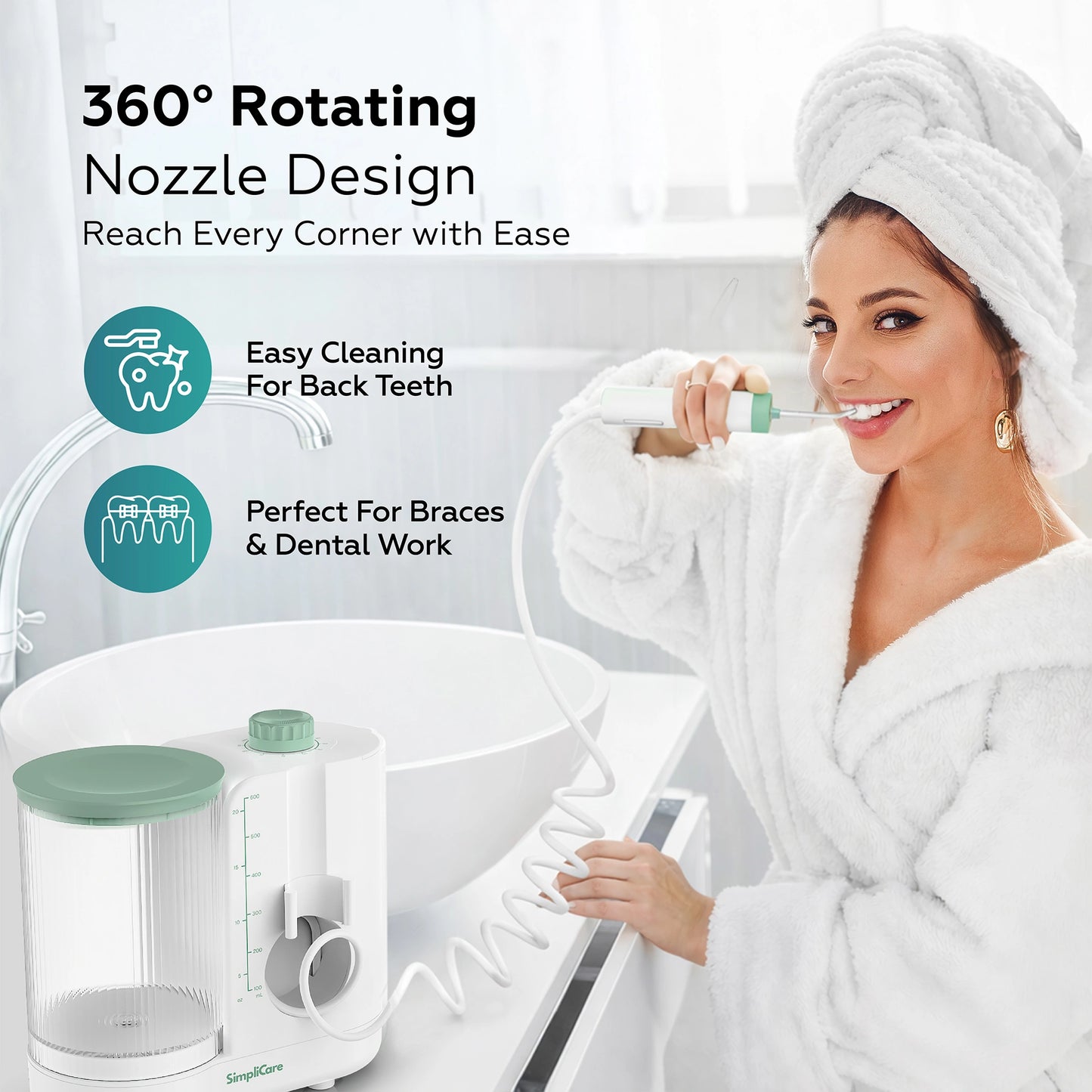 Woman using a dental water flosser with product details on a white background