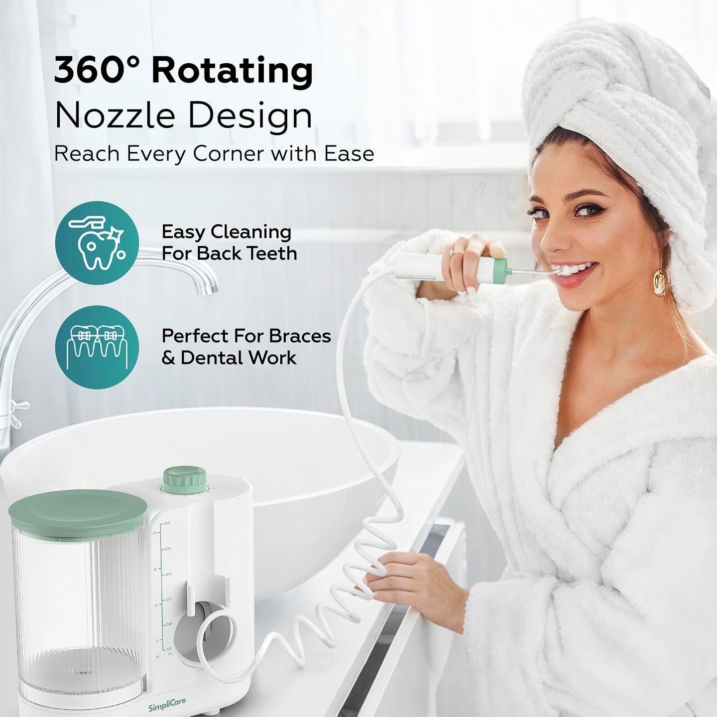 Woman using a dental water flosser with product details on a white background