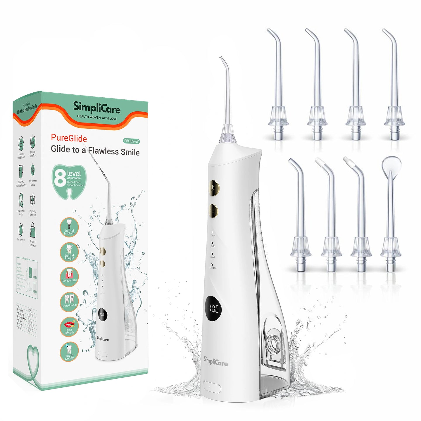 SimpliCare water flosser with packaging and multiple nozzles on a white background