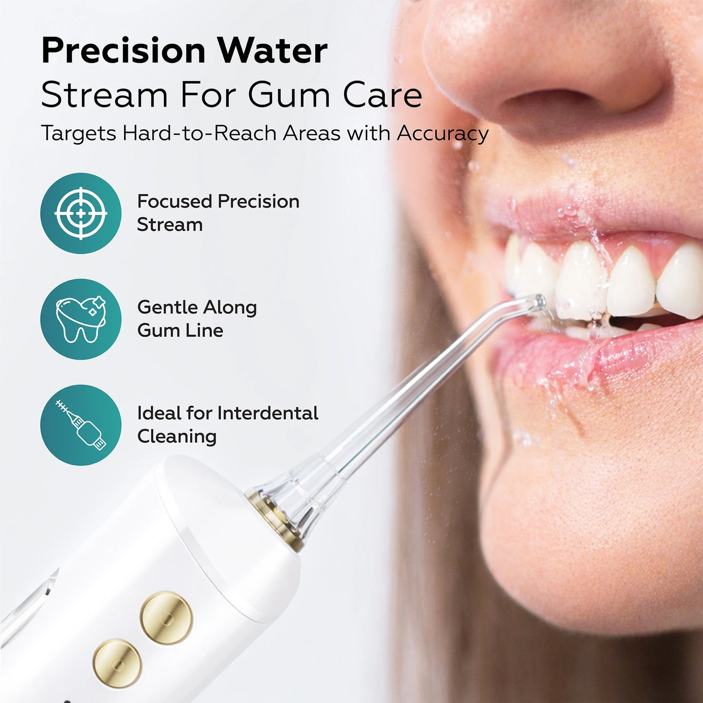Dental water flosser with text on gum care benefits and close-up of use.