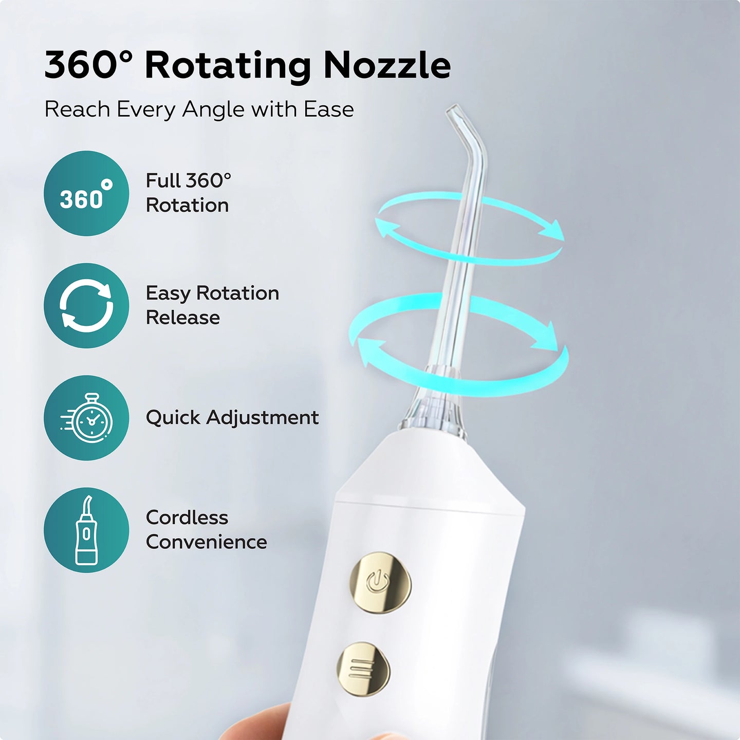 White water flosser with 360-degree rotating nozzle on a light gray background